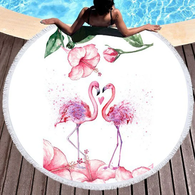 Flamingo Beach Towel With Tassel Floral Gift Bath Shower Towel For Adults 500g Microfiber 150cm Picnic Yoga Mat Blanket Carpet