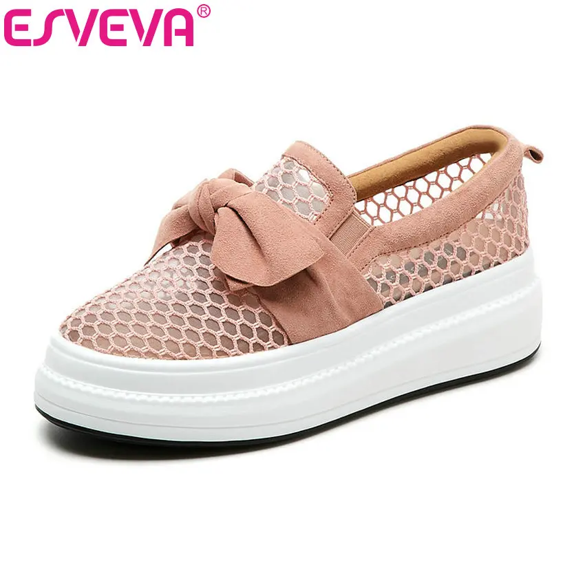 

ESVEVA 2019 Women PU Leather+Mesh Wedge Med Heel Round Toed Butterfly-Knot Platform Elegant Ladies Shoes Size 34-39