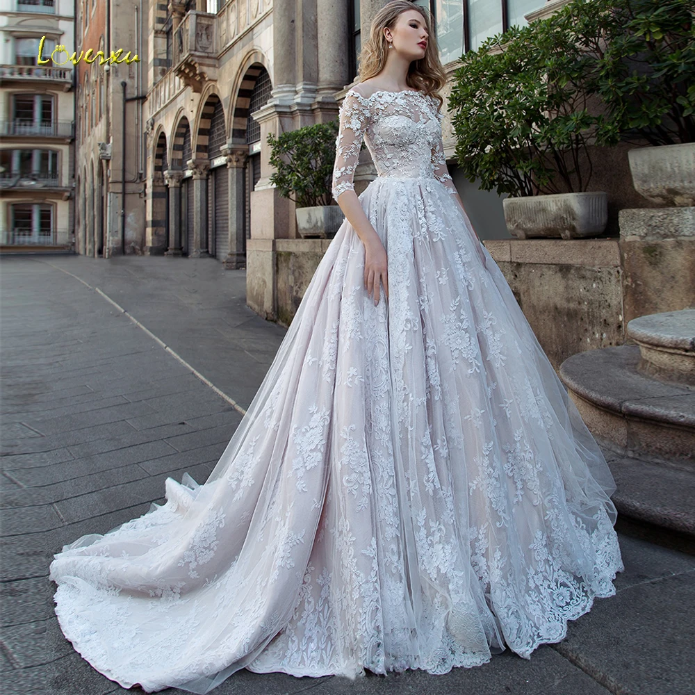 Элегантное loverxu бальное платье свадебное платье Аппликация Половина рукава Кнопка Кружева платье невесты суд поезд невесты платье размера плюс