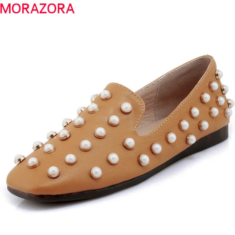 

MORAZORA 2019 new arrival flat shoes women square toe spring summer shoes shallow pearl single shoes fashion woman casual shoes