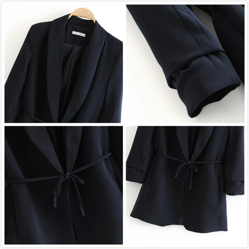 Office Ladies Blazer Women Shawl Collar Sashes Roll Sleeve Female Jacket Blazers Coat Feminino Outerwear Work Suit Tops Mujer