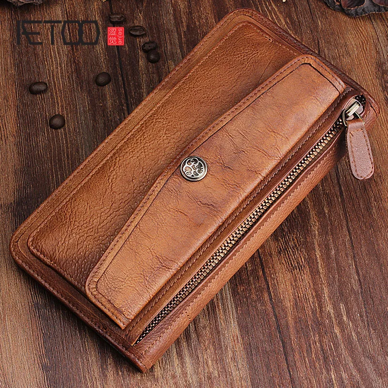 AETOO Leather handmade retro long wallet multi purpose buckle youth multi card bit wallet ...