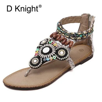 

New Bohemia Flat Gladiator Sandals Women Summer String Beaded Ethnic Sandals Back Zip Flip Flops Casual Comfort Shoes Size 35-40