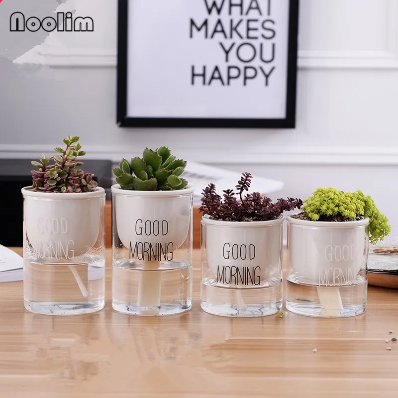 

Automatic Watering Flower Pot Ceramic Flowerpot with Glass Base Water Automatic Suction Green Plants Succulent Plant Pots