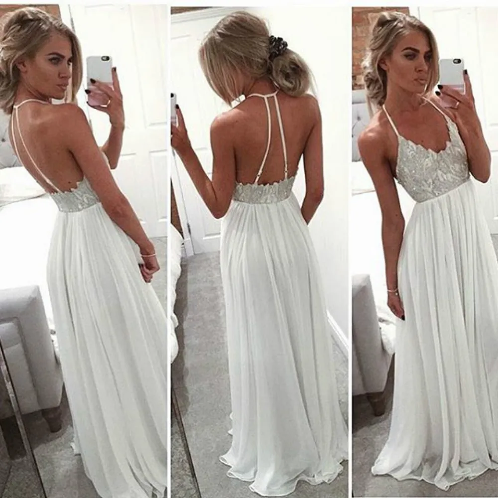 New Simple Long White Ivory Chiffon Beading font b Boho b font Bohemian font b Prom