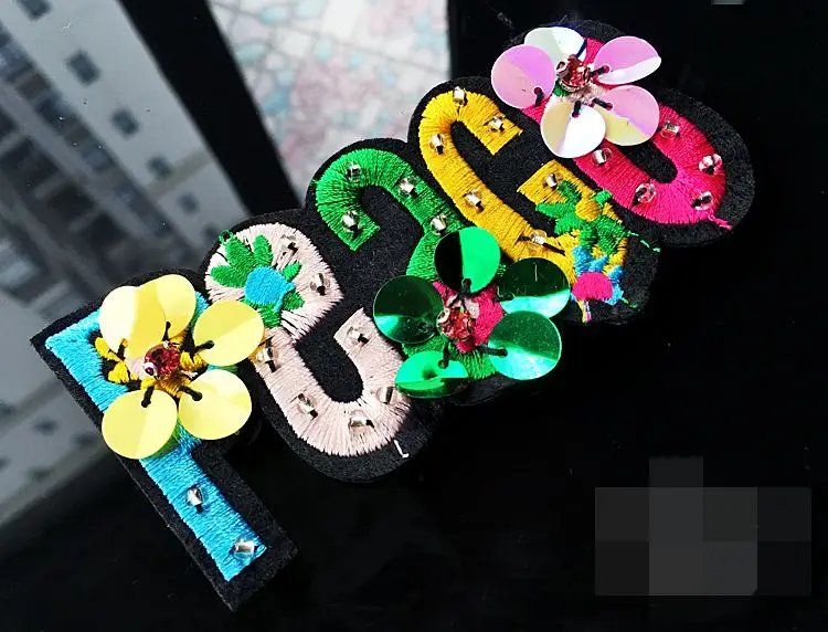 

1pcs Letters sequins vintage embroidery Sew On Patches for clothes DIY Coat Sweater Embroidered Paillette emoji Patch Applique