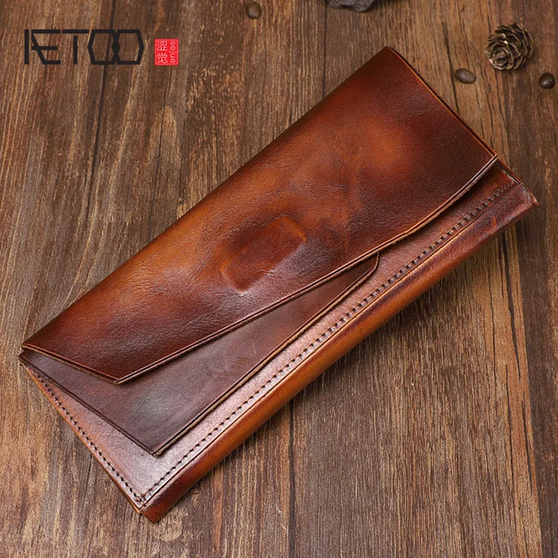 

BJYL Original handmade magnetic buckle leather long wallet First layer full leather multi-function handbag Old worn color tide