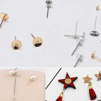 

200pcs/lot 4/6/8mm Blank Post Earring Studs Pins Silver KC Gold Color Flat Round Tray Pad Base Jewelry Findings