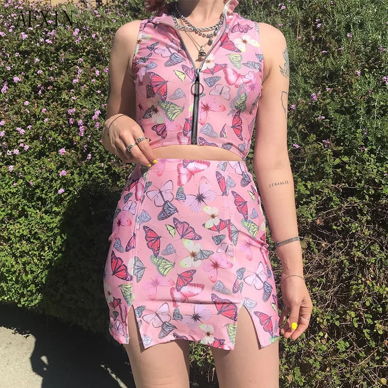 

Butterfly Pink Crop Top Women Sexy Zipper Fly Sleeveless Turtleneck Tank Top Ladies Mini Skirts Summer Streetwear 2019 Drop Ship