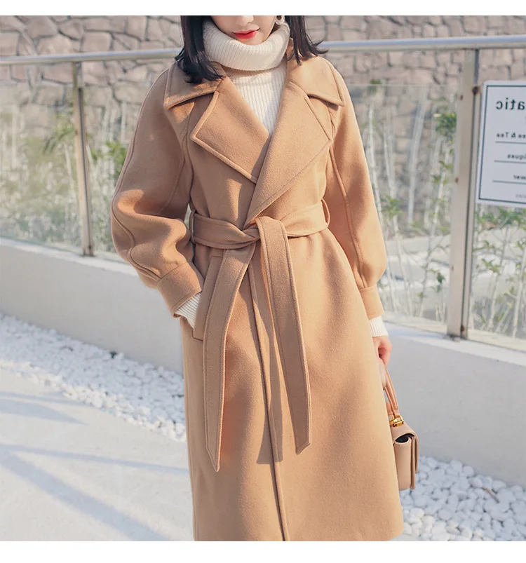 

Plus Size Loose Warm Wool Blends Long Winter Coat Turn-down Collar Adjustable Belt Wool Coats Thicken Coat Woman Wear Elegant