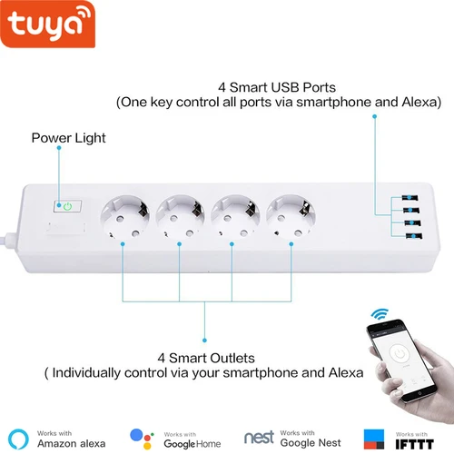 Tuya-스마트 WIFI 전원 스트립 EU 표준, 플러그 4 개 및 USB 포트 4 개, Alexa Echo 및 Google nest와 호환 가능 7