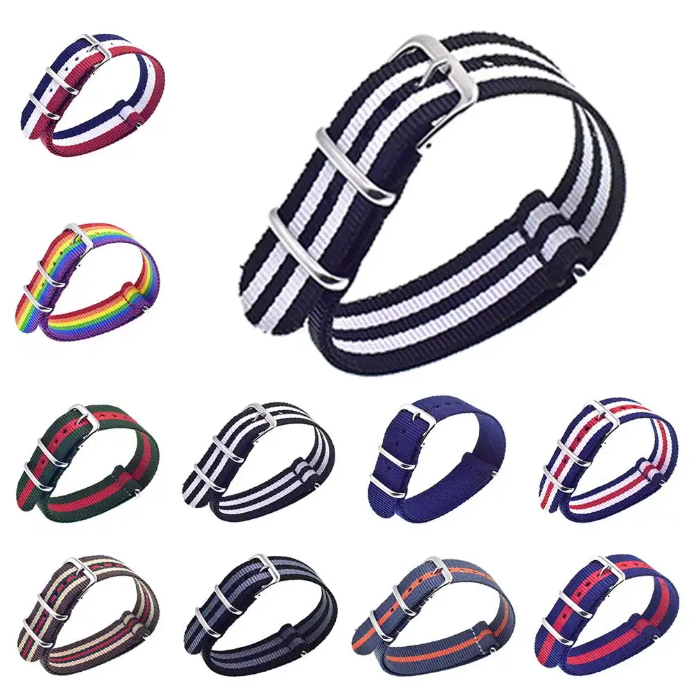 

man Ms Colors Watchband Nylon Strap Silver Ring Buckle 18mm 20mm 22mm Striped Replacement Band Watch Accessories