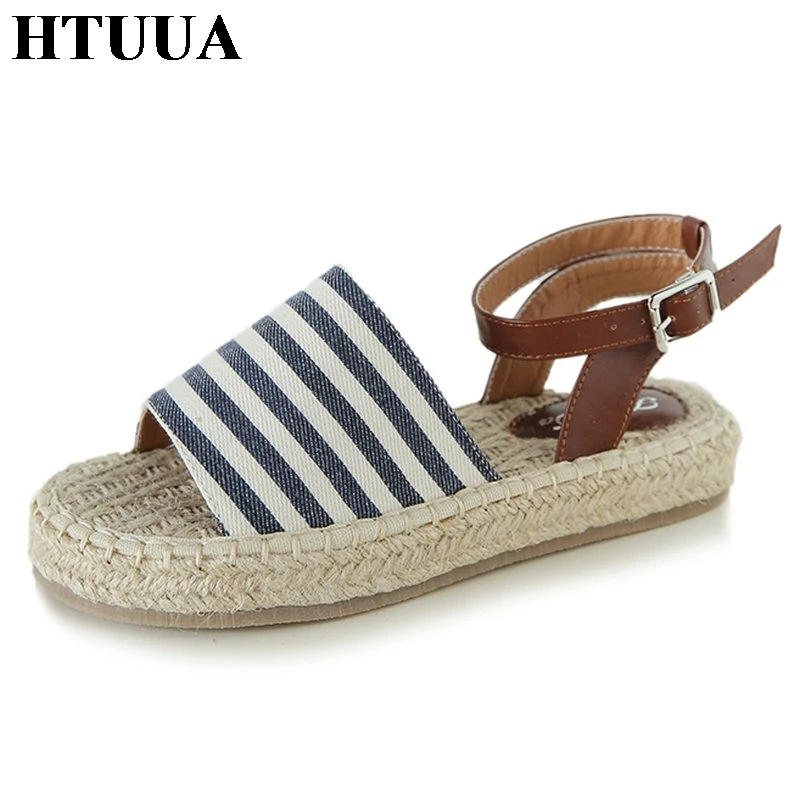 

HTUUA 2019 Summer Hemp Weave Women Sandals Casual Stripe Canvas Shoes Woman Ankle Buckle Open Toe Flat Platform Sandals SX2756