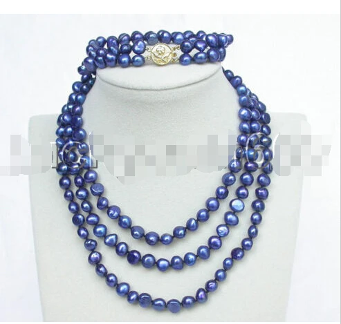 

*******stylish 49" 8-9mm baroque navy blue FW pearls necklace 2row bracelet set e1449