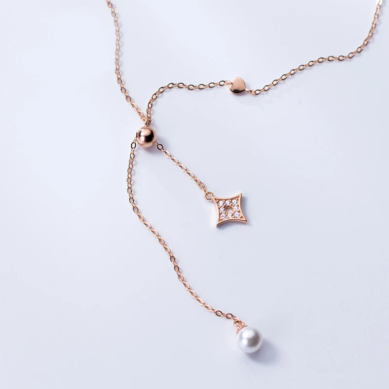 

MloveAcc Genuine 925 Sterling Silver Pearl Drop Necklace with Clear Zirconia Star Charm Lovely Jewelry for Women