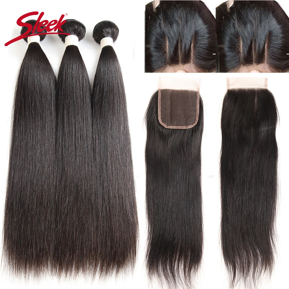 

Sleek Peruvian Straight Human Hair Bundles With Closure Natural Remy Human Hair 3 Bundles With 4X4 Lace Closure Free Shipping