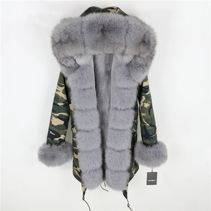 Brand Real Fur Coat Fashion Winter Jacket Women Natural Real Fox Fur Collar Loose Long Parkas Big Fur Outerwear Detachable - Цвет: camo grey