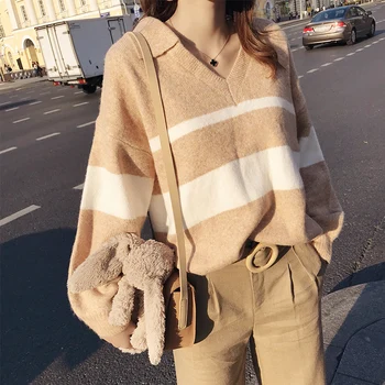 

2019 MISHOW Autumn fresh Knitted sweater for women fashion causal Vneck loose stripe sweater tops MX18C5197