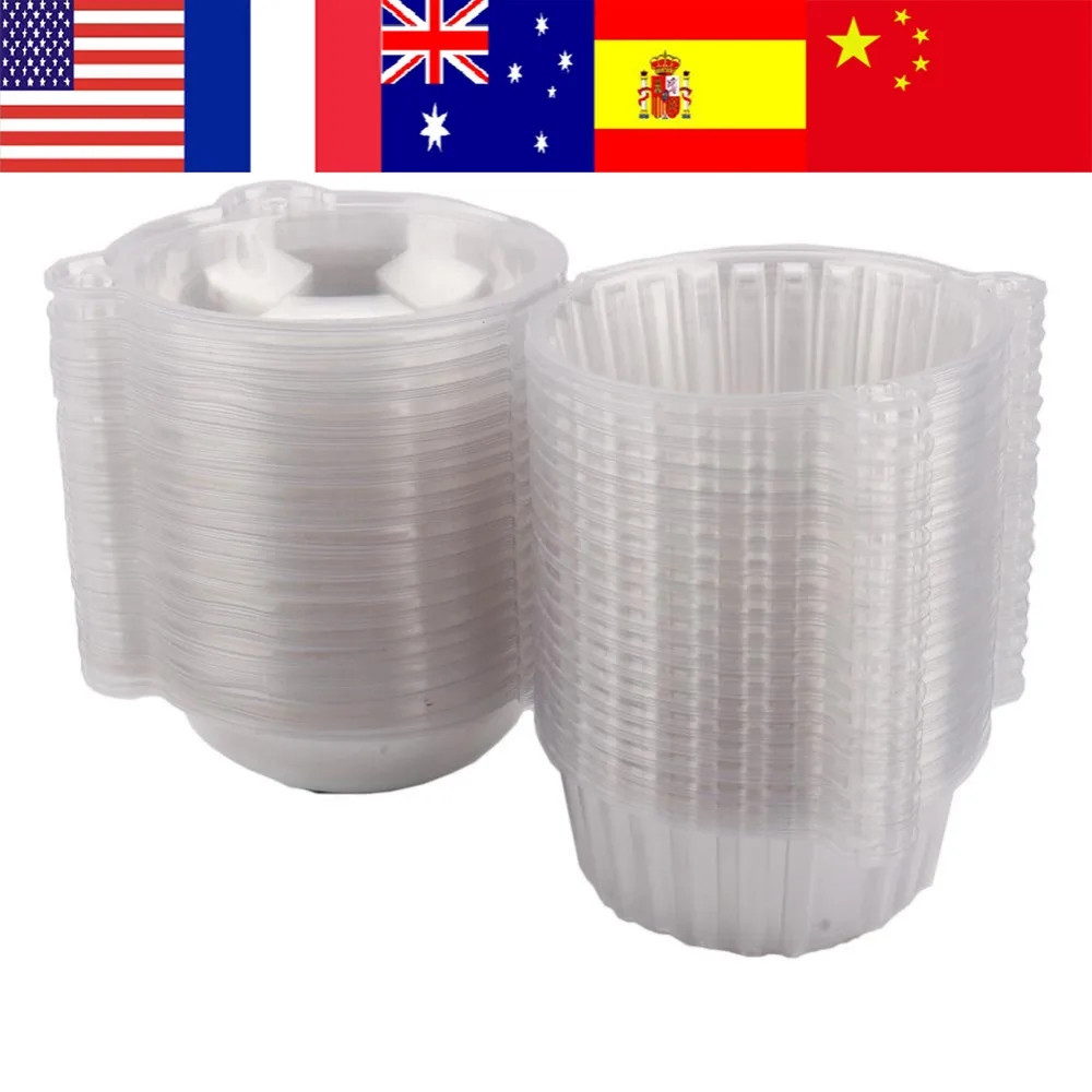 100pcs Plastic Cupcake Case Muffin Holders Pods Dome Cups Cake Boxes