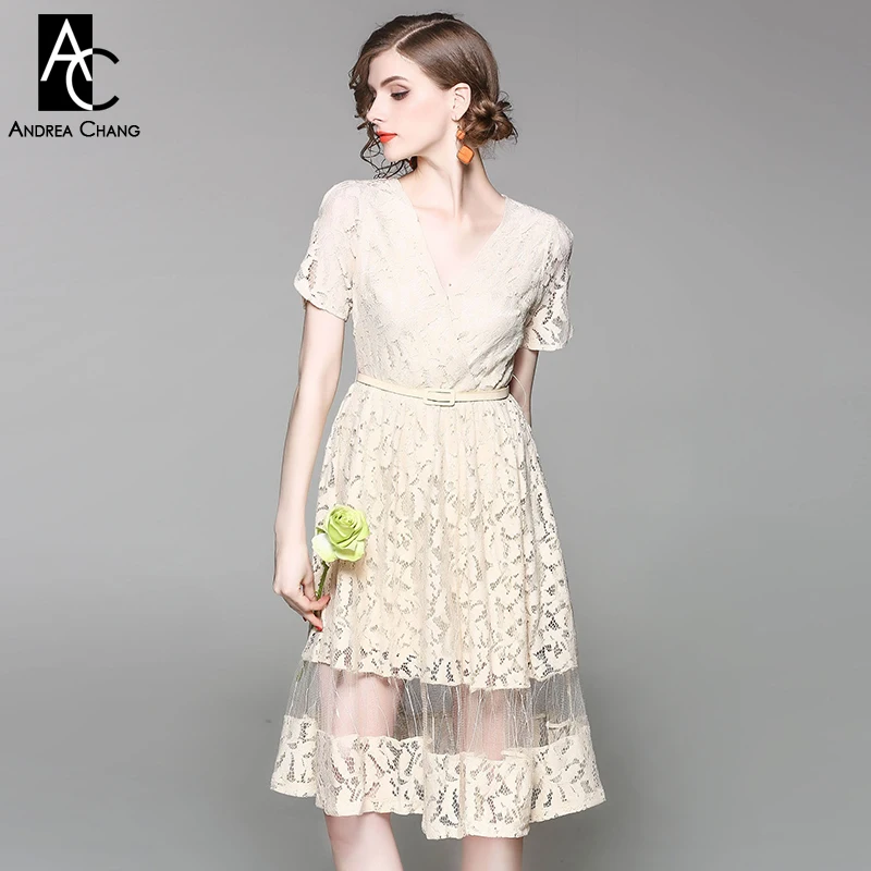 beige knee length dress