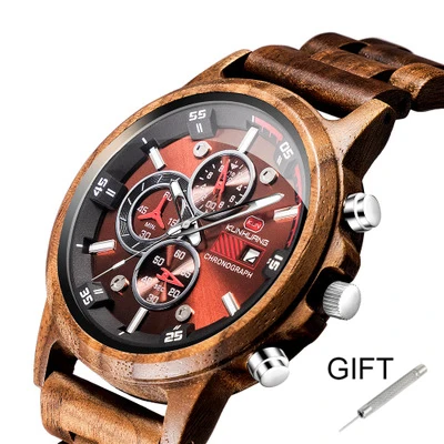 Fashion Wooden Men Watch Natural Zebra Wood Wristwatch with Date and Multiple Time Zone reloj hombre Men's Gift Watches W-K01 - Цвет: SK-01 Walnut wood