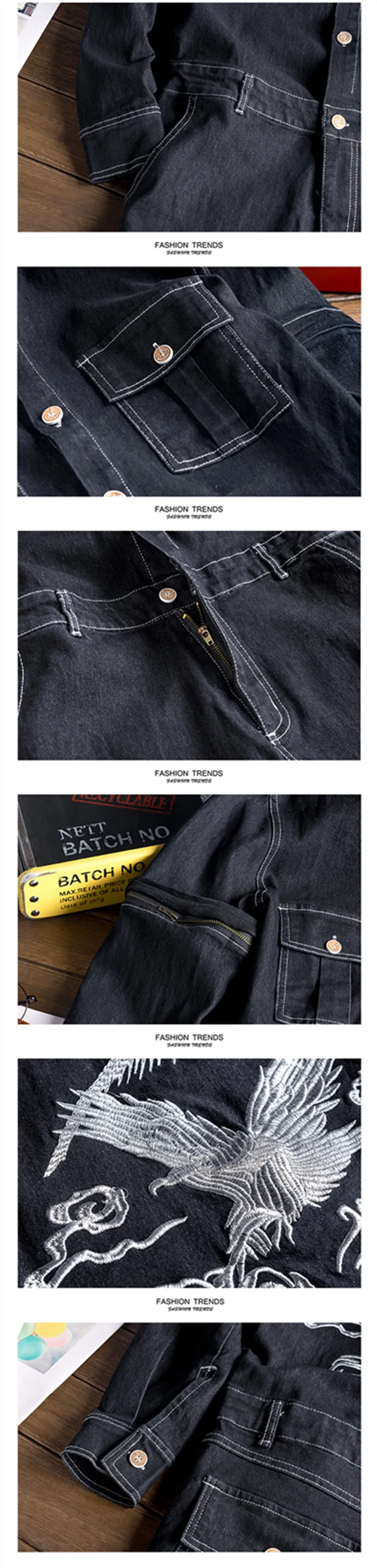 ABOORUN мужские джинсовые комбинезоны с вышивкой орла, длинный съемный рукав, карманы, комбинезоны, рабочие джинсы, молодежные