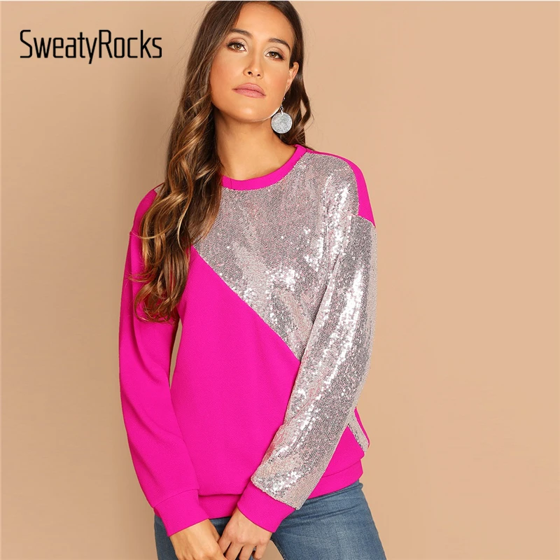SweatyRocks Hot Pink Contrast Sequin Women Casual Sweatshirt Streetwear