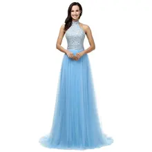 A-line Prom Kleider 2017 Schatz Sleeveless Bodenlangen Tull mit Kristall Lange Formale Kleid Perlen Abendkleider (SL-H37)