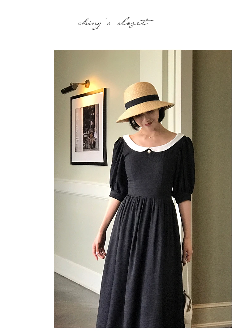 Весенне-летнее женское винтажное шифоновое Черное длинное платье в стиле Хепберн, элегантное тонкое Съемное платье с воротником в стиле Питера Пэна, одежда elbise