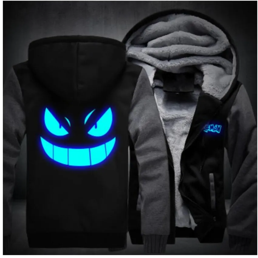 Baratos Chaqueta 2019 invierno con capucha cremallera sudaderas luminosas Pokemon Go Pocket Harajuku chándales Monster Gengar Cosplay Hoodies hombres