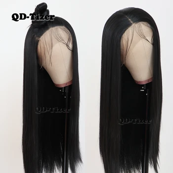QD-Tizer Black Color Long Silky Straight Hair Lace Front Wig Gluless Heat Resistant Synthetic Lace Front Wig for Black Women 1