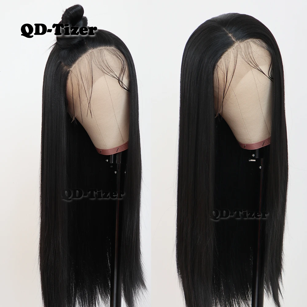 Qd Tizer 黒カラーロングストレートヘアレースフロントウィッグ Gluless 耐熱合成レースの前部かつら女性 Wigs For Blacks Wigs For Black Womenwig Lace Front Wig Aliexpress