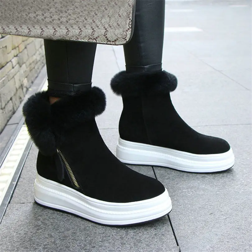 

NAYIDUYUN Winter Warm Shoes Women Black Genuine Leather Round Toe Wedges Ankle Boots High Heel Rabbit Fur Platform Riding Pumps