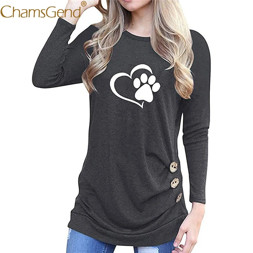 Free Shipping Women Long Sleeve Shirt Paw Printing Casual Round Neck Tops Woman Girls Button Shirts 80724