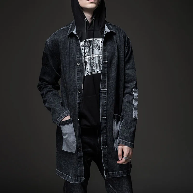Mcikkny Fashion Men's Slim Casual Denim Jackets Hooded Patchwork Turn-down Collar Jean Jacket Male Windbreak Coats Multi Pockets (4)