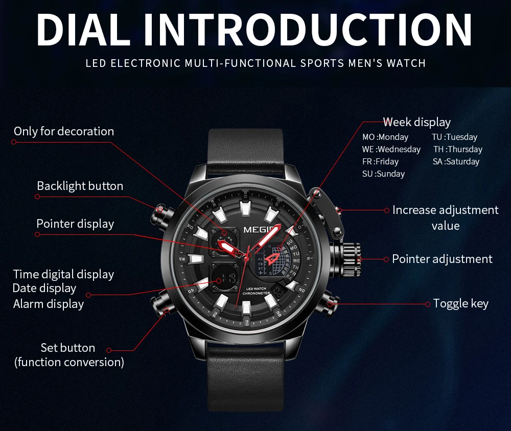 Мужские спортивные кварцевые часы MEGIR с кожаным ремешком, светящиеся армейские наручные часы с хронографом, новинка, часы от ведущего бренда Relogios 2090, черный цвет
