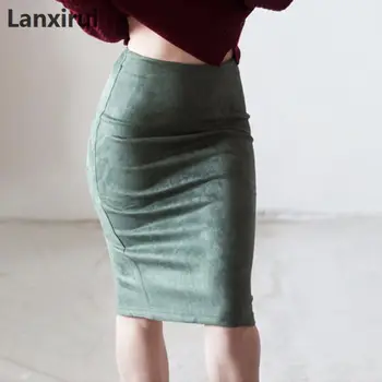 

Fashion Empire Skirts Spring Faux Suede Pencil Skirt High Waist Bodycon Split Thick Stretchy Skirts 12 Colors