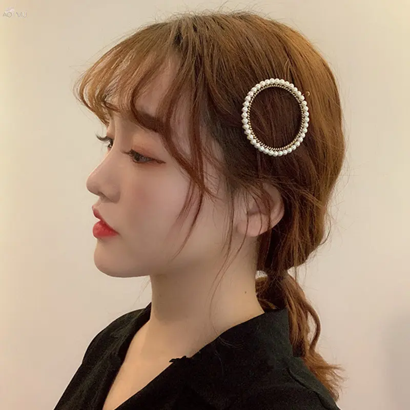 

AOMU Korea Crystal Rhinestones Hairpins Metal Imitation Pearl Geometric Round Love Heart Hairgrips for Women Hair Accessories