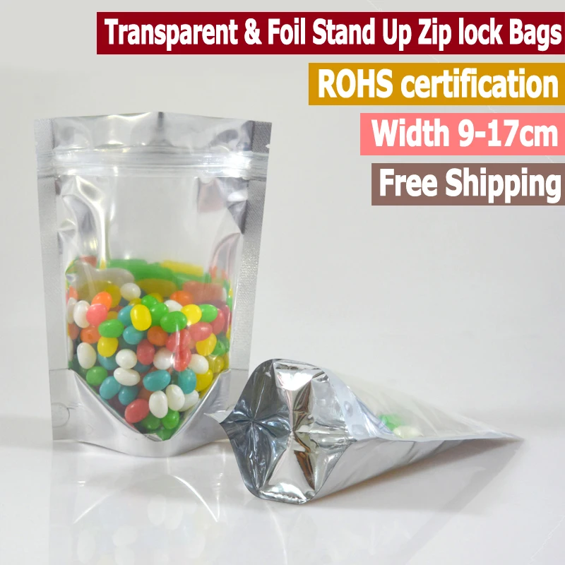 

100 pcs Transparent And Foil Stand Up Zip lock Bag Clear Front Zip lock Pouch Food Storage Width From 9cm to 18cm