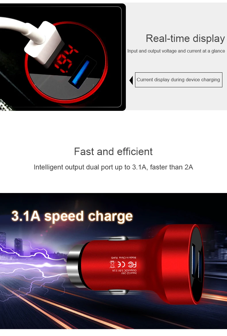 Устройство для автомобиля с двумя портами USB Зарядное устройство 5V 3.1A быстрый заряд мобильного телефона адаптер универсальный автомобильный-Зарядное устройство с светодиодный Дисплей для iPhone samsung Galaxy