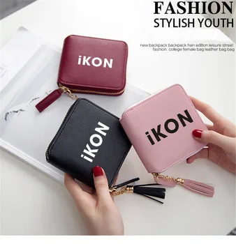 

IKON Kpop Wallet Mini Short Zipper Fashion Team Cool Card PU Leather Wallets Every body Fashion Lady Tassel purse unique Wallet