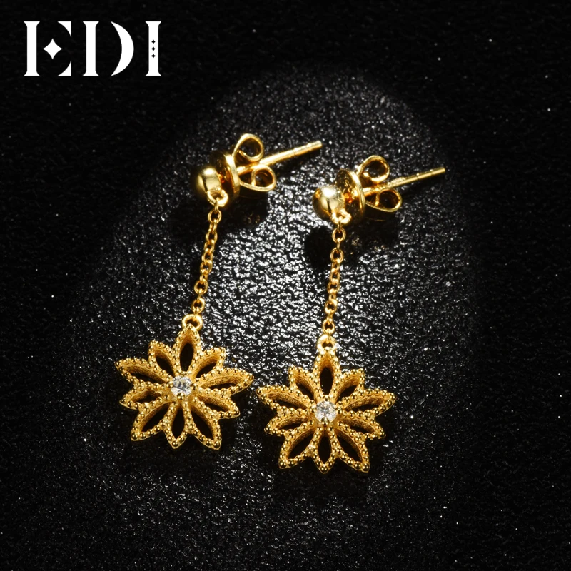 

EDI Trendy Woman 14k 585 Yellow Flower Dangle Earrings Real Statement Natural H/SI Drop Earring For Women Wedding Party Gift