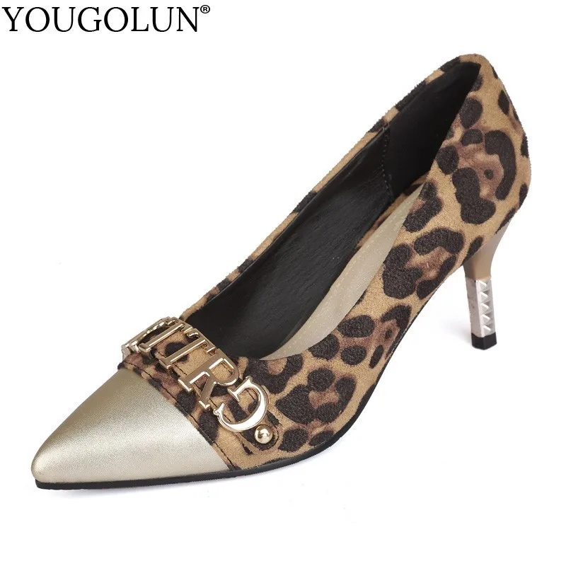 

YOUGOLUN Women Leopard High Thin Heels Ladies Shallow Pointed toe Shoes Woman Black Burgundy Metal Decoration Party Pumps B228
