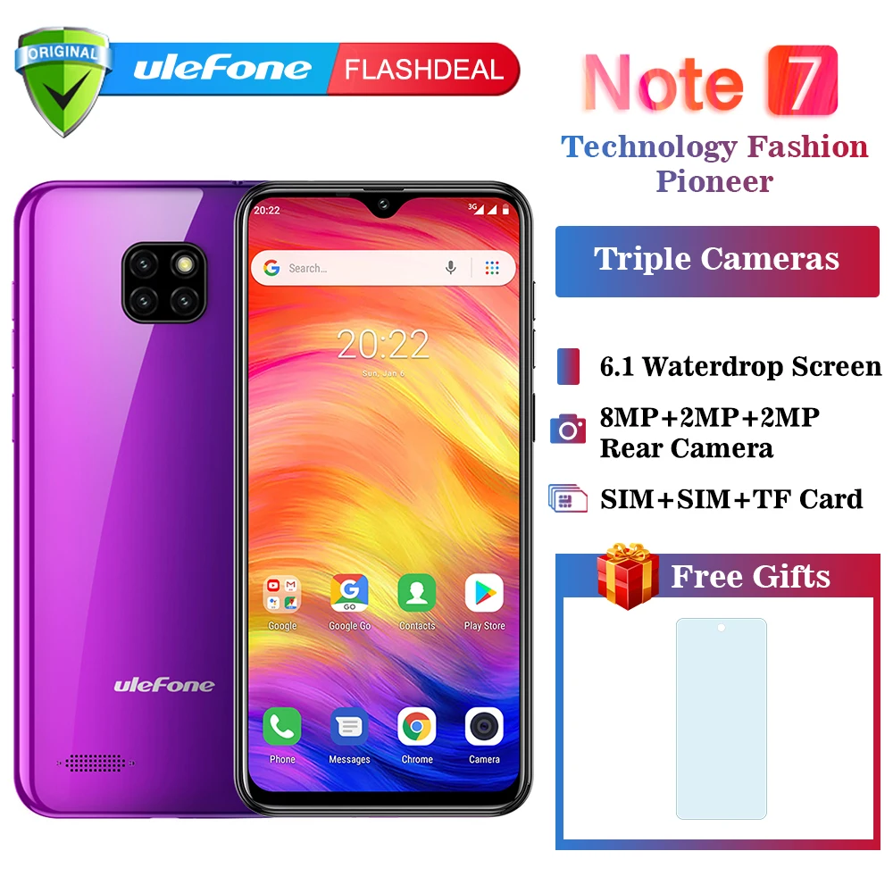 Ulefone Note 7 teléfono inteligente 3500mAh 19:9 Quad Core 6,1 pulgadas Pantalla de gota de agua 16GB ROM teléfono móvil WCDMA teléfono móvil android8.1