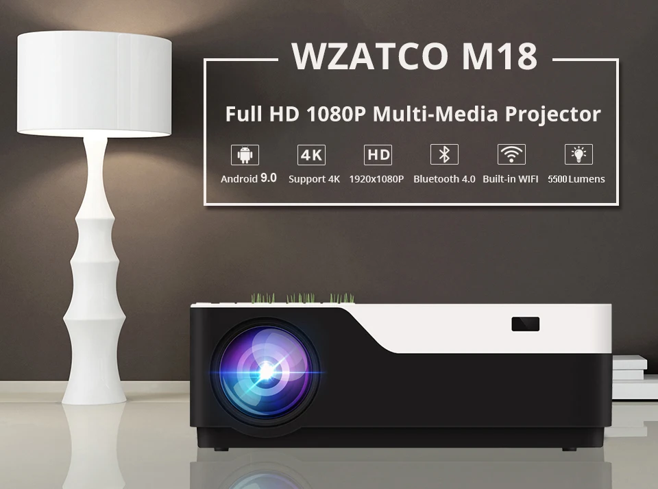 WZATCO 1920x1080P Android 9,0 wifi поддержка AC3 4K 200 дюймов Full HD 1080P светодиодный проектор видео проектор для домашнего кинотеатра 5500 люмен