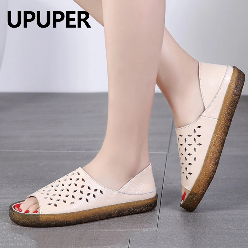

UPUPER Hollow Genuine Leather Women's Sandals Breathable Non-slip Pregnant Women Shoes Mother's Comfortable Slippers Sandals