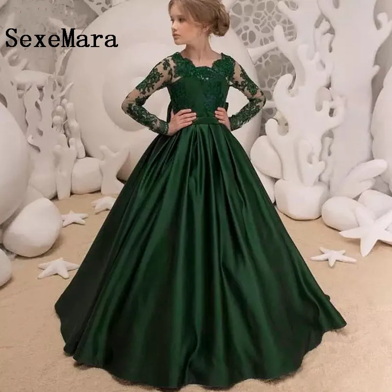 

New Green Long Sleeves Girls Dresses Sheer Lace O Neck Flower Girl Dress for Wedding Pageant Gown with Bow Custom Made