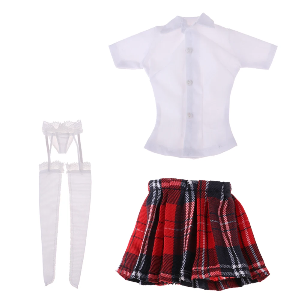 1:6 Scale Schoolgirl Shirt and Skirt & Garter Stockings for 12inch Phicen Steel Female Body Cloth