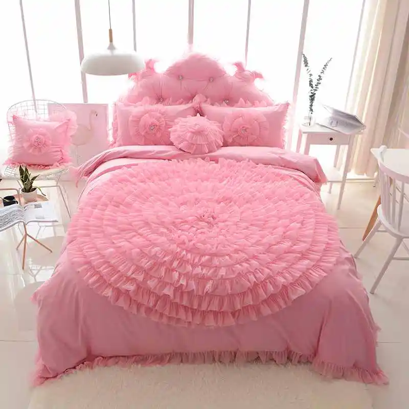 Большой кружевной комплект постельного белья принцессы с цветочным рисунком, роскошный свадебный набор пододеяльников для девочек, одноцветные покрывала, простыня, наволочки из хлопка - Цвет: Розовый