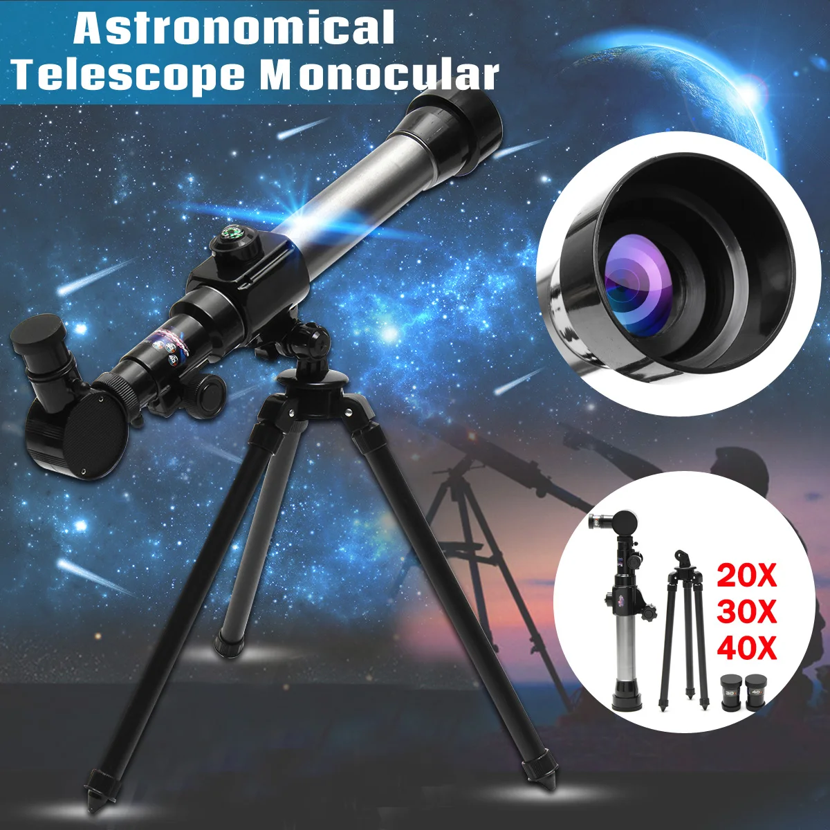 

SGODDE 1 Set Children ABS HD Ourdoor Astronomical Telescope Monocular+20X/30X/40X Eyepiece Spotting Scope+Tripod Child Gift